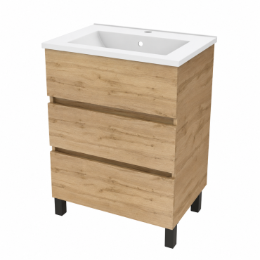 Meuble et Vasque Céramique de Salle de Bain AURLANE 3 Tiroirs en Bois - LAV973-VC1 - NEUF