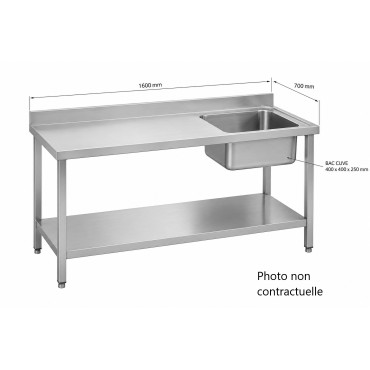 Table Plonge INOX E INOX 1 Bac Cuve 40x40x25cm 1600x700mm - 1478 - NEUVE