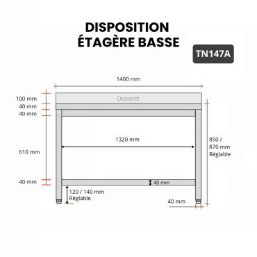 Table Adossée de Travail Préparation Inox GOLDINOX Premium 1 Étagère Basse Sur Pieds L1400mm P700mm H850mm
