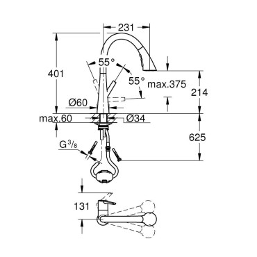 Dimensions Mitigeur Évier GROHE Zedra avec Douchette Extractible 3 Jets Chromé - 32294002