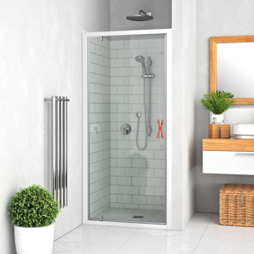 Porte de douche pivotante ROTH EQUI 90 x 190 cm blanche en verre clair installée dans une salle de bain moderne