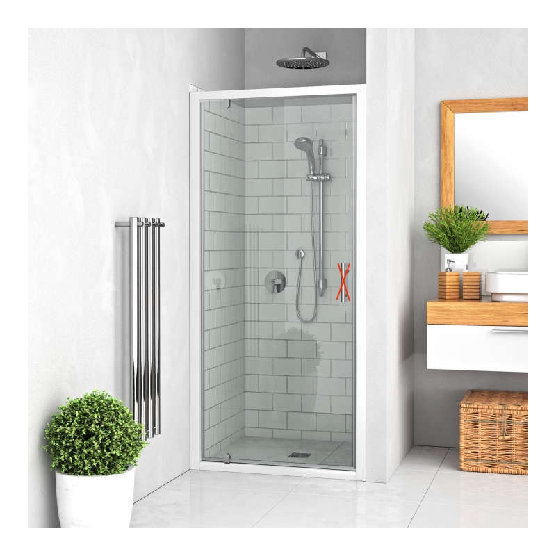 Porte de douche pivotante ROTH EQUI 90 x 190 cm blanche en verre clair installée dans une salle de bain moderne