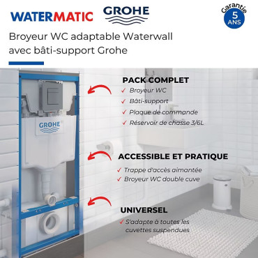 Broyeur WC Toilette Adaptable WATERMATIC Waterwall Bâti-Support, Plaque de Commande et Réservoir de Chasse