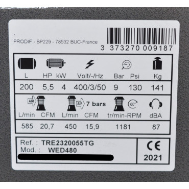 PRODIF TRE2320055TG - Compresseur à Courroie 200L Mobile 5.5CV 4kW