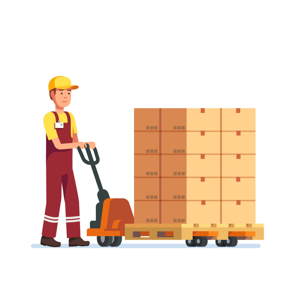 Employé d'entrepôt remorquant un chariot élévateur à main avec des boîtes sur palette. Illustration vectorielle de style plat moderne isolée sur fond blanc.