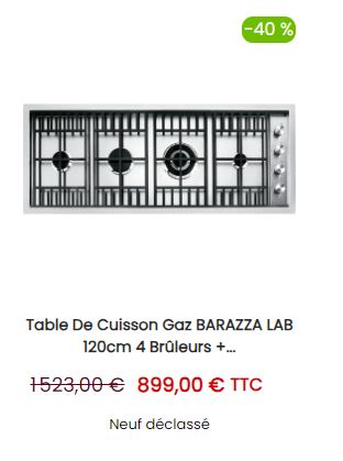 Table de Cuisson Gaz BARAZZA LAB 120cm 4 Brûleurs + Double Couronne Inox