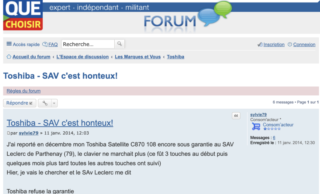 Avis Forum d'un utilisateur du SAV de Toshiba en 2014