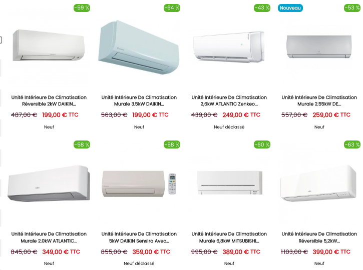 Les prix d'une partie de nos climatisations pas chères de grandes marques sur notre site