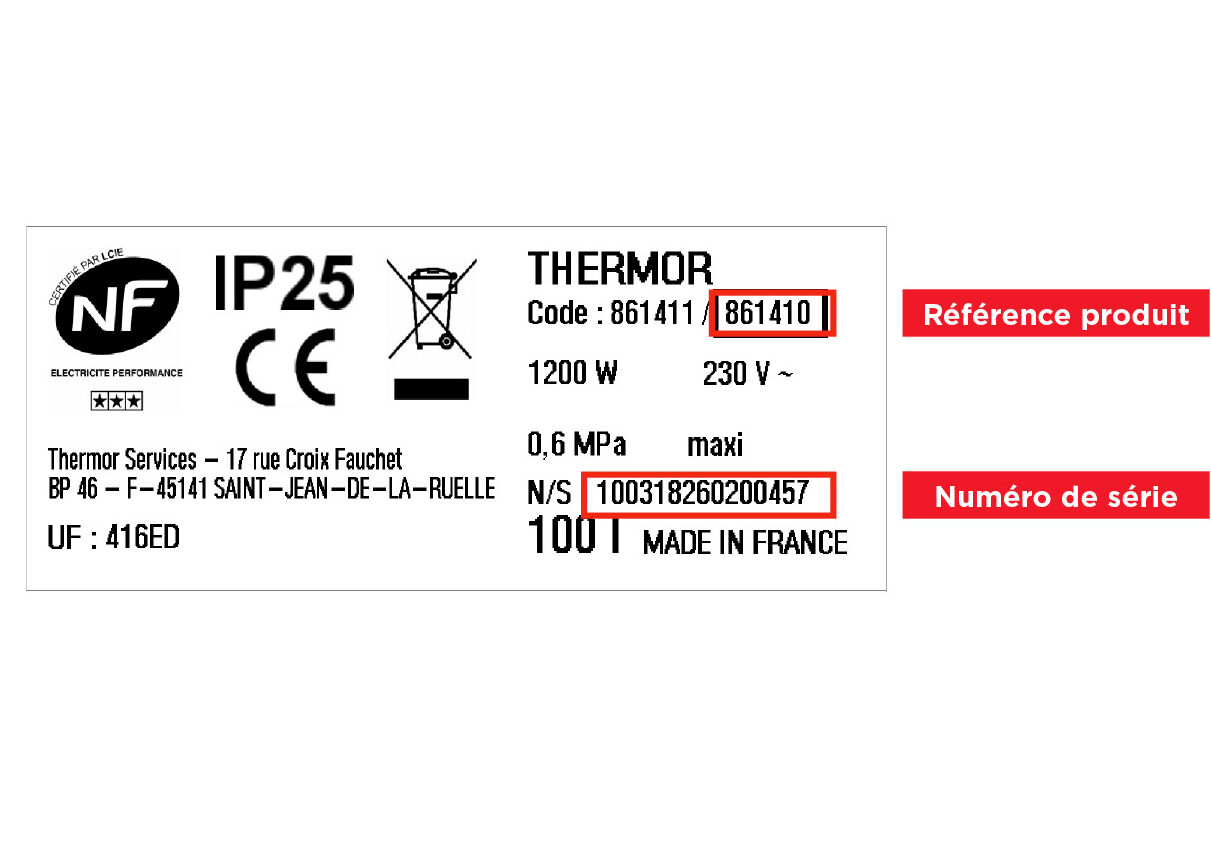 Plaque avec numéro de série d'un chauffe-eau Thermor