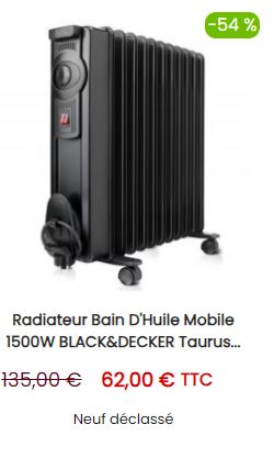 Radiateur Bain d'Huile Mobile 1500W BLACK&DECKER Taurus Cellules 140 mm et Thermostat Réglable Noir - BXRA1500E - NEUF