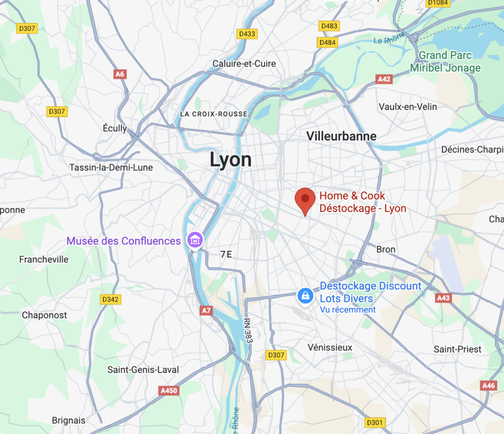 Carte de localisation du magasin Home & Cook Déstockage à Lyon, facilement accessible depuis Villeurbanne et la métropole lyonnaise