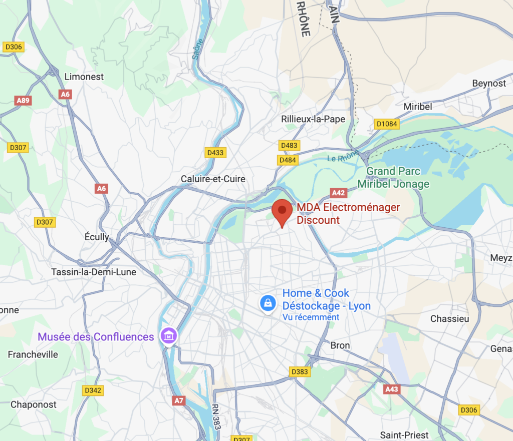 Plan de localisation du magasin MDA Électroménager Discount à Villeurbanne, situé à proximité des principaux axes routiers