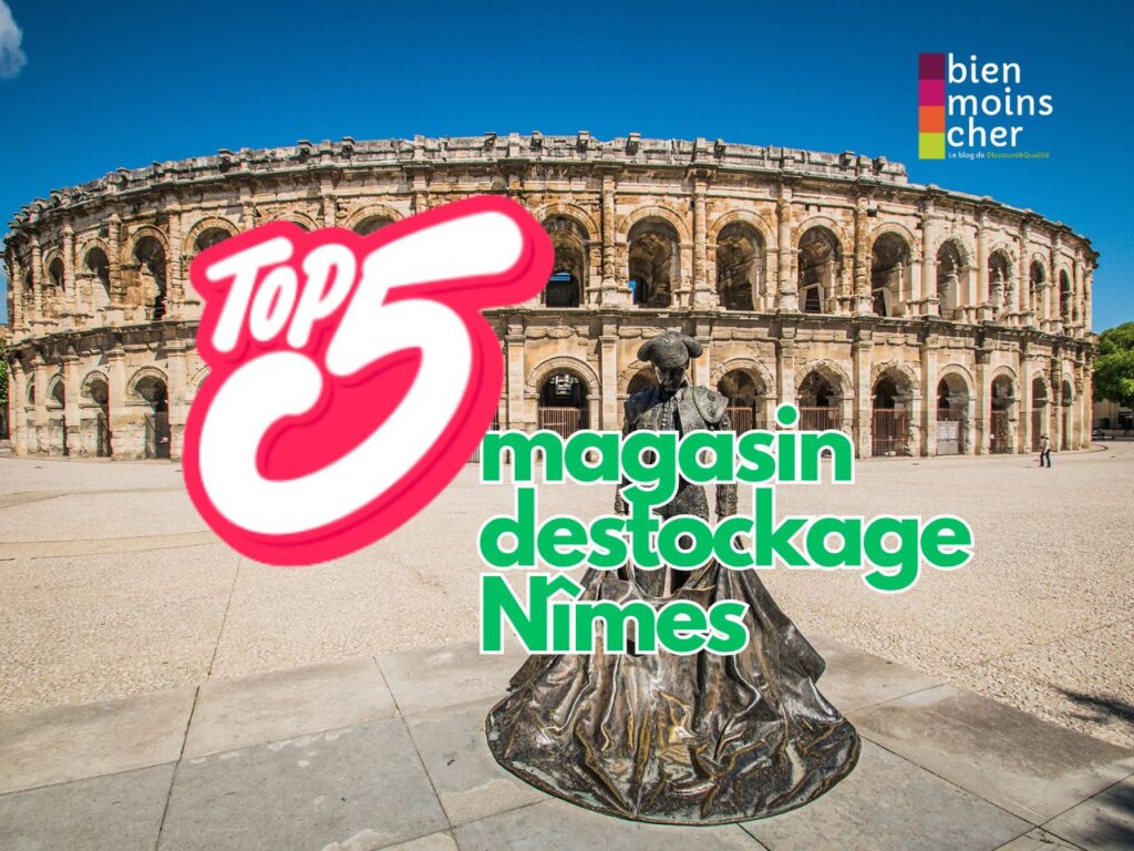 Illustration du Top 5 des magasins de déstockage à Nîmes avec les arènes de Nîmes en arrière-plan, mettant en avant les meilleures adresses pour faire des économies