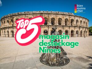 Illustration du Top 5 des magasins de déstockage à Nîmes avec les arènes de Nîmes en arrière-plan, mettant en avant les meilleures adresses pour faire des économies