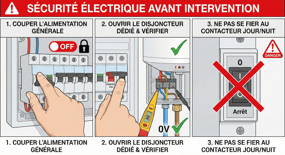 Avant toute manipulation, coupez impérativement l'alimentation électrique au tableau général. Ouvrez le disjoncteur dédié au chauffe-eau et vérifiez l'absence de tension. Ne vous fiez jamais à la simple position "Arrêt" du contacteur jour/nuit.