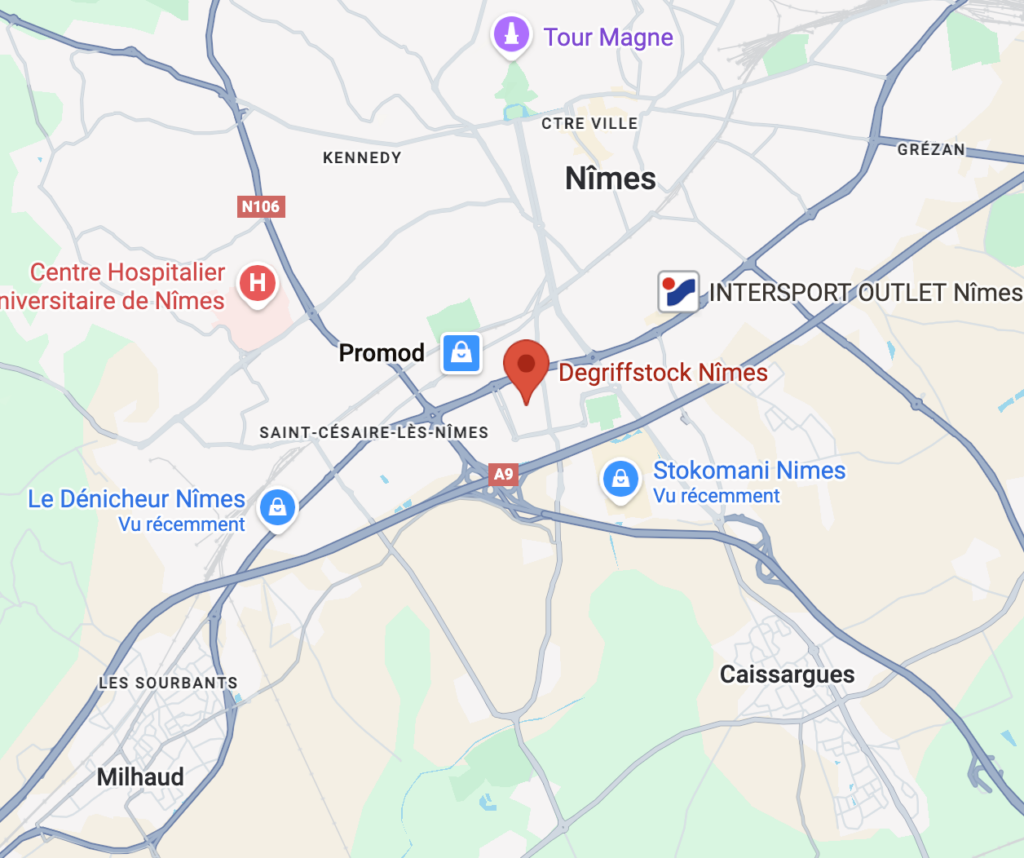 Plan de localisation du magasin Degriffstock à Nîmes, boutique de vêtements de marque à prix dégriffés située dans le secteur Saint-Césaire