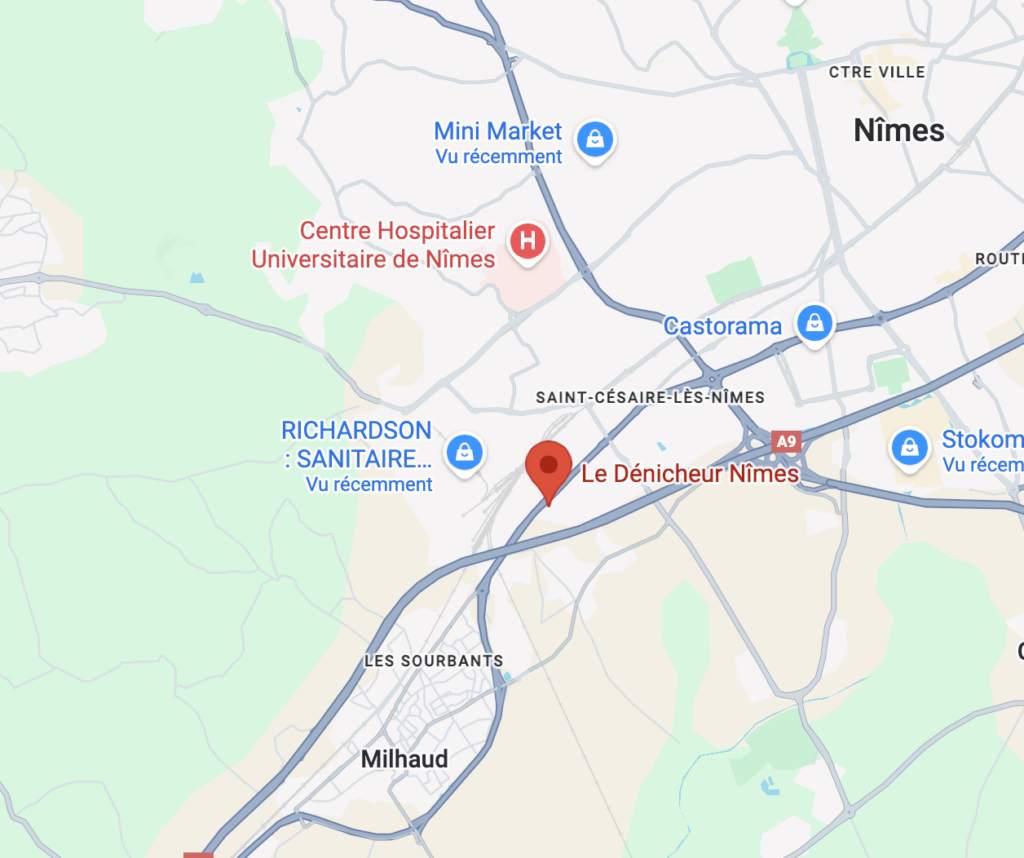 Carte de localisation du magasin de déstockage Le Dénicheur à Nîmes, situé dans le secteur Saint-Césaire avec accès rapide depuis l’autoroute A9