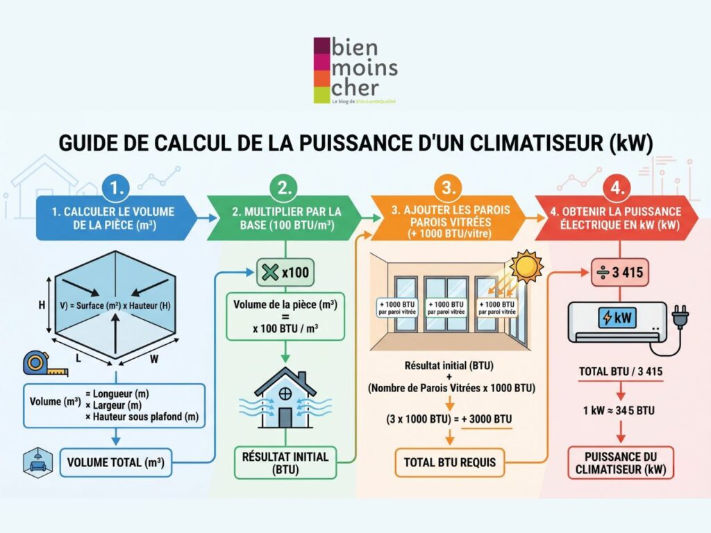 Infographie expliquant en quatre étapes le calcul de la puissance d'un climatiseur en kilowatts (kW) : mesure du volume de la pièce, multiplication par 100 BTU, ajout des parois vitrées et conversion finale par division.