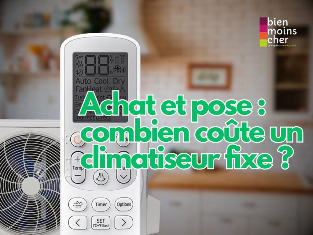 Un climatiseur fixe moderne de type monosplit installé sur un mur blanc, illustrant l'achat et la pose d'une climatisation réversible dans un salon.