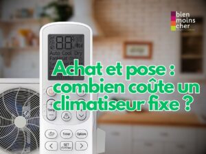 Un climatiseur fixe moderne de type monosplit installé sur un mur blanc, illustrant l'achat et la pose d'une climatisation réversible dans un salon.