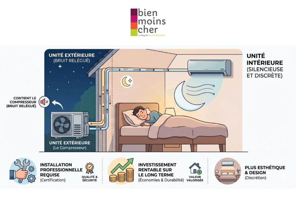 Schéma illustrant les avantages du climatiseur split pour le sommeil. Il montre une maison en coupe avec, à l'extérieur, l'unité contenant le compresseur pour isoler le bruit, et à l'intérieur, une unité murale silencieuse diffusant un air doux dans une chambre où une personne dort paisiblement. Au bas de l'image, trois icônes soulignent que le système nécessite une installation professionnelle, représente un investissement rentable sur le long terme, et offre un design esthétique et discret.