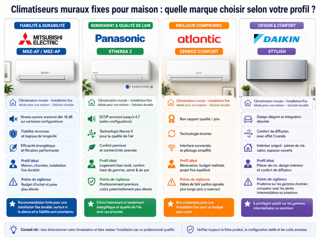 Guide comparatif des meilleurs climatiseurs muraux fixes pour maison : Mitsubishi Electric MSZ-AY (fiabilité), Panasonic Etherea Z (qualité de l'air Nanoe X), Atlantic Zenkeo Confort (rapport qualité-prix) et Daikin Stylish (design effet Coanda). Tableau comparatif par profil utilisateur, performance énergétique (SCOP) et confort sonore pour choisir sa climatisation réversible