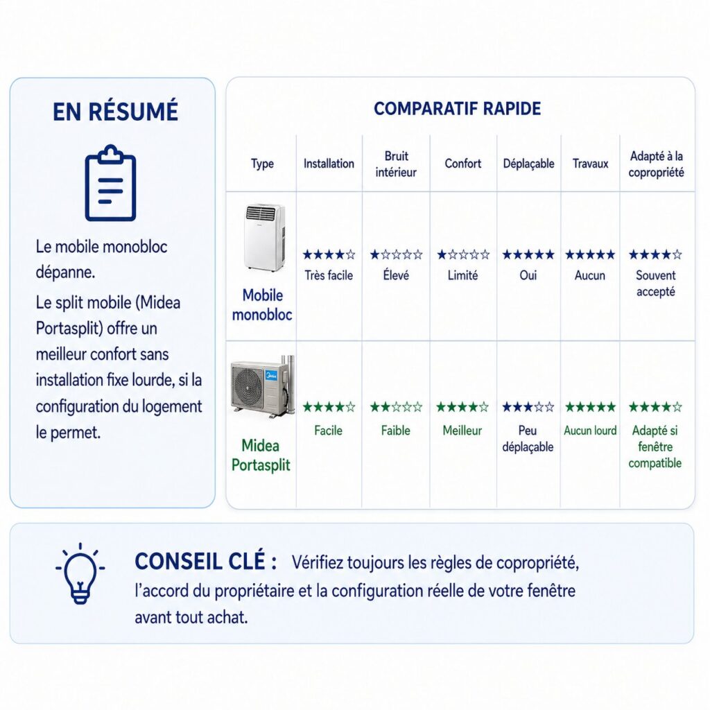 Comparatif rapide des solutions de climatisation pour appartement avec climatiseur mobile monobloc et split mobile Midea Portasplit