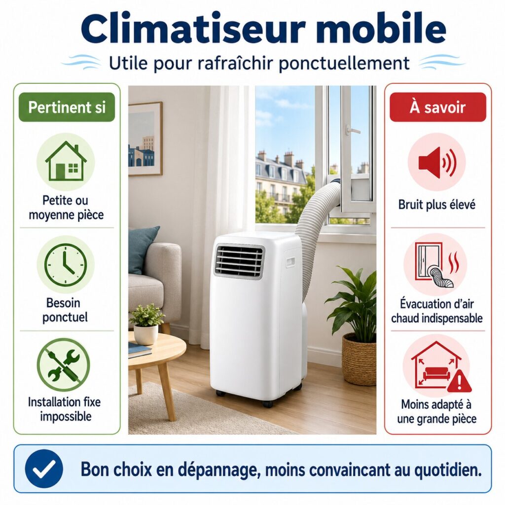 Infographie climatiseur mobile monobloc pour petite pièce avec évacuation d’air chaud par fenêtre