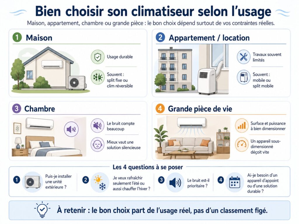 Guide visuel pour choisir un climatiseur selon le logement et l’usage maison appartement chambre ou grande pièce