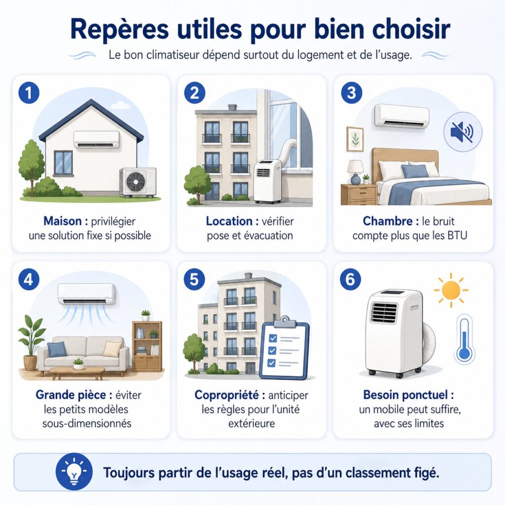 Conseils visuels pour choisir un climatiseur selon la maison l’appartement la chambre ou la surface et les contraintes d’installation
