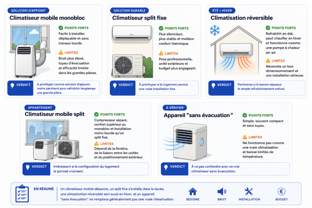 Comparatif des types de climatiseurs mobile monobloc split fixe climatisation réversible split mobile et appareil sans évacuation avec avantages limites et usages