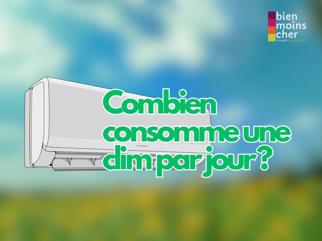 Illustration d’une climatisation avec le texte “Combien consomme une clim par jour ?” pour un guide sur la consommation électrique d’une climatisation