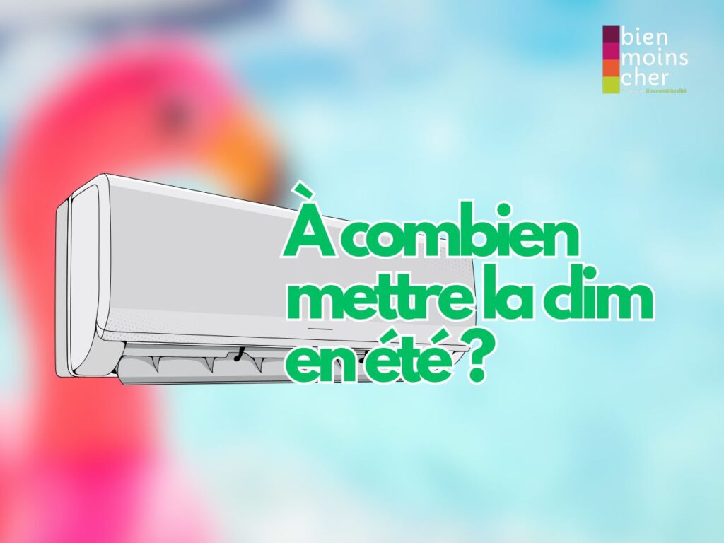 Illustration d’une clim murale avec le titre « À combien mettre la clim en été ? » sur fond bleu, pour un article conseil sur le réglage de la climatisation.