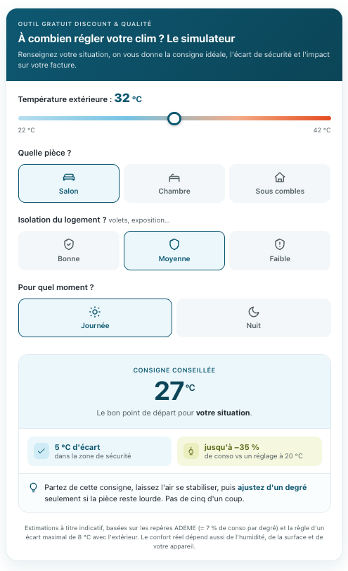 simulateur de température idéal pour régler votre climatiseur en été en fonction de la température extérieur, de votre pièce et de l'isolation de votre logement.