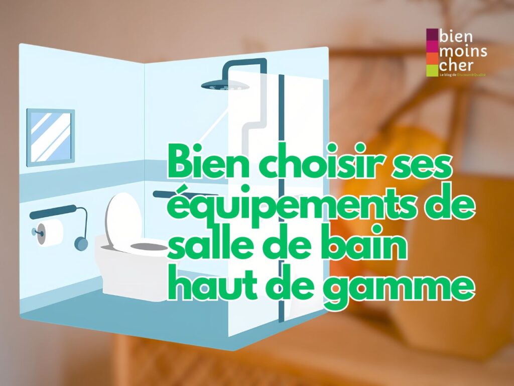 Salle de bain avec baignoire îlot, douche vitrée, meuble en bois suspendu et robinetterie dorée.