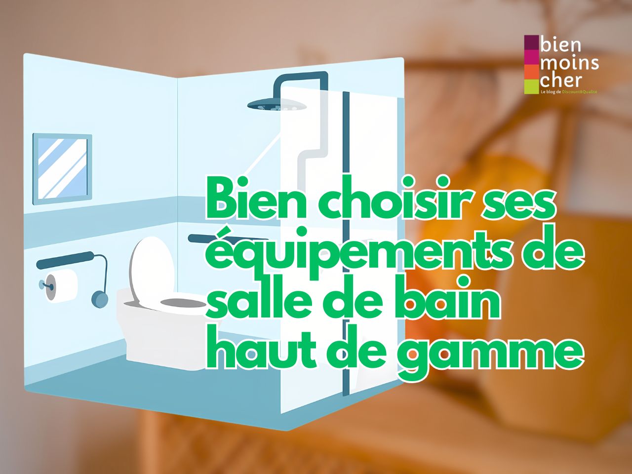 Salle de bain avec baignoire îlot, douche vitrée, meuble en bois suspendu et robinetterie dorée.